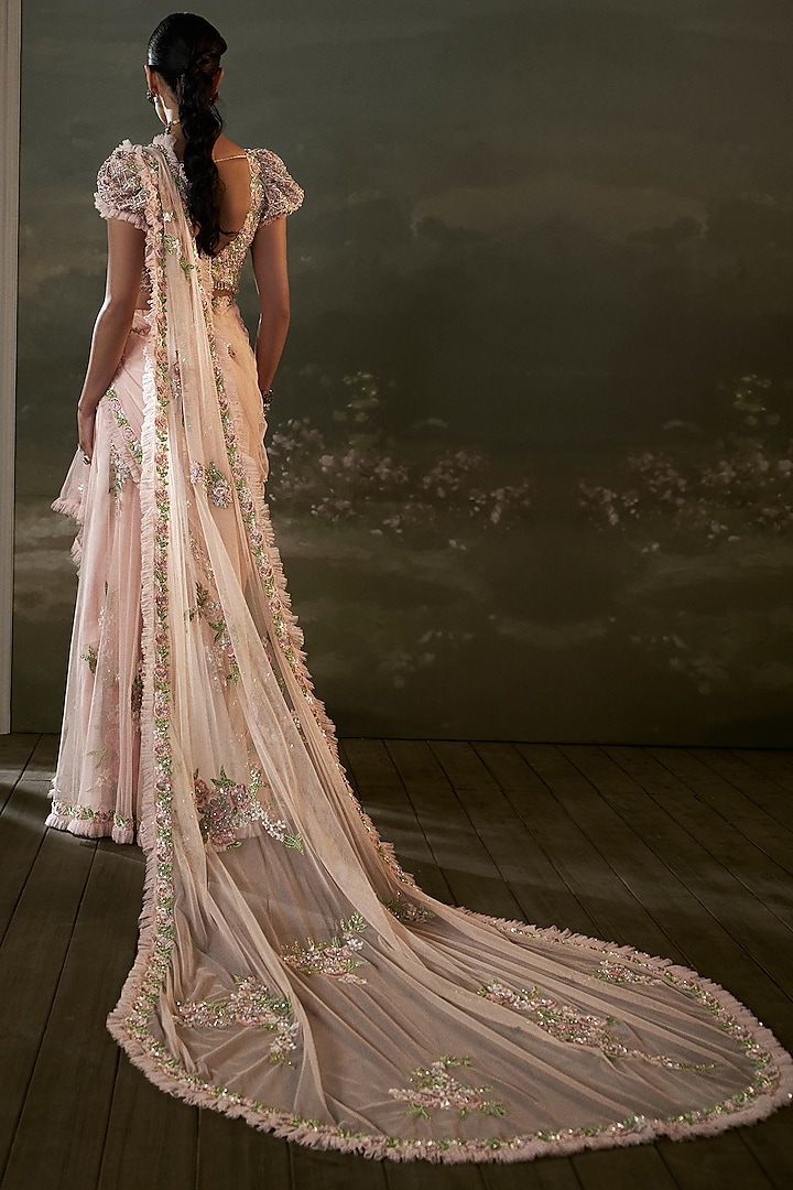 Rose Pink Raw Silk Sequins Embroidered Pre-Draped Bridal Saree Set by NITIKA GUJRAL at Pernia's Pop Up Shop