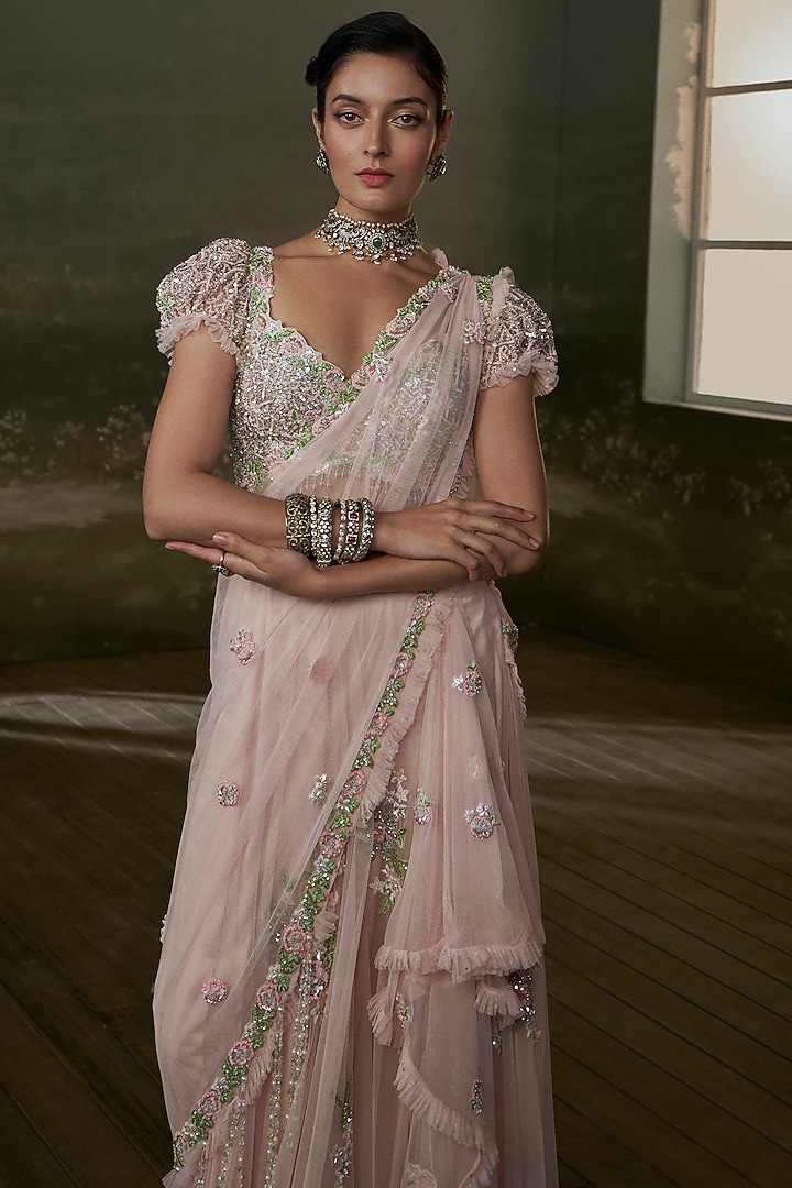 Rose Pink Raw Silk Sequins Embroidered Pre-Draped Bridal Saree Set by NITIKA GUJRAL at Pernia's Pop Up Shop