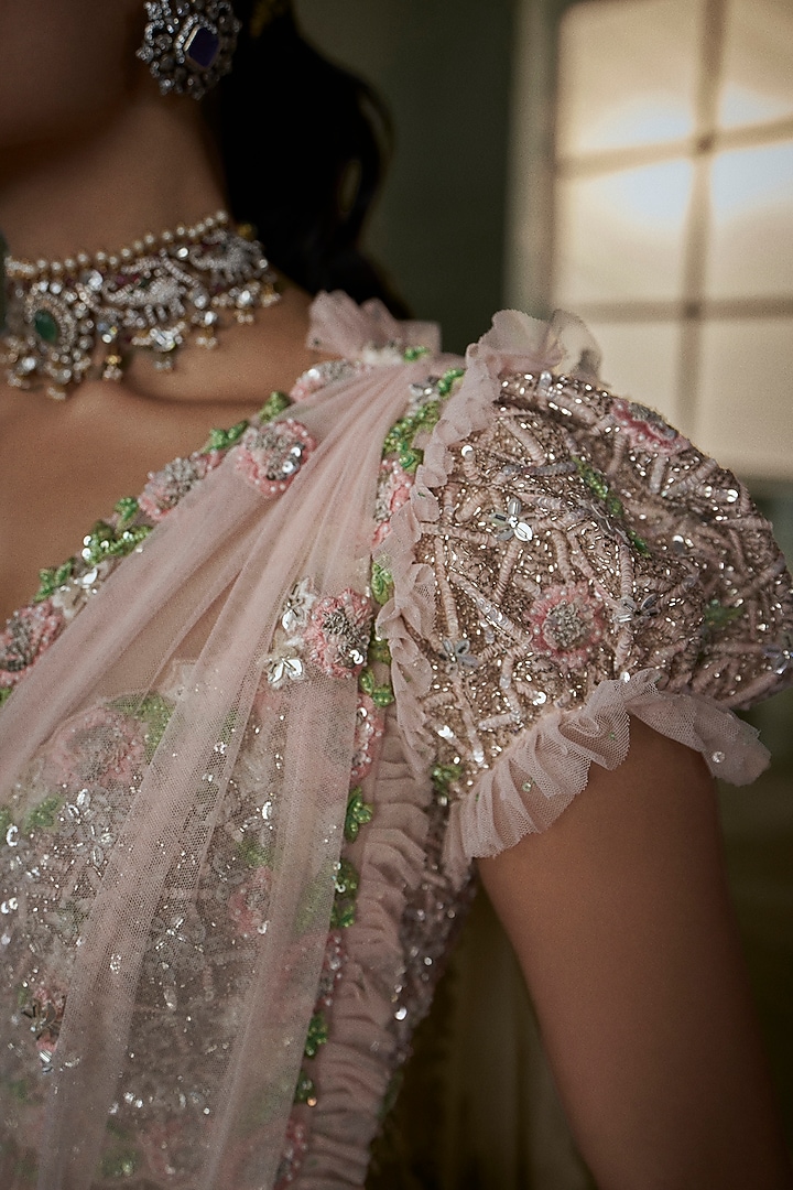 Rose Pink Raw Silk Sequins Embroidered Pre-Draped Bridal Saree Set by NITIKA GUJRAL at Pernia's Pop Up Shop
