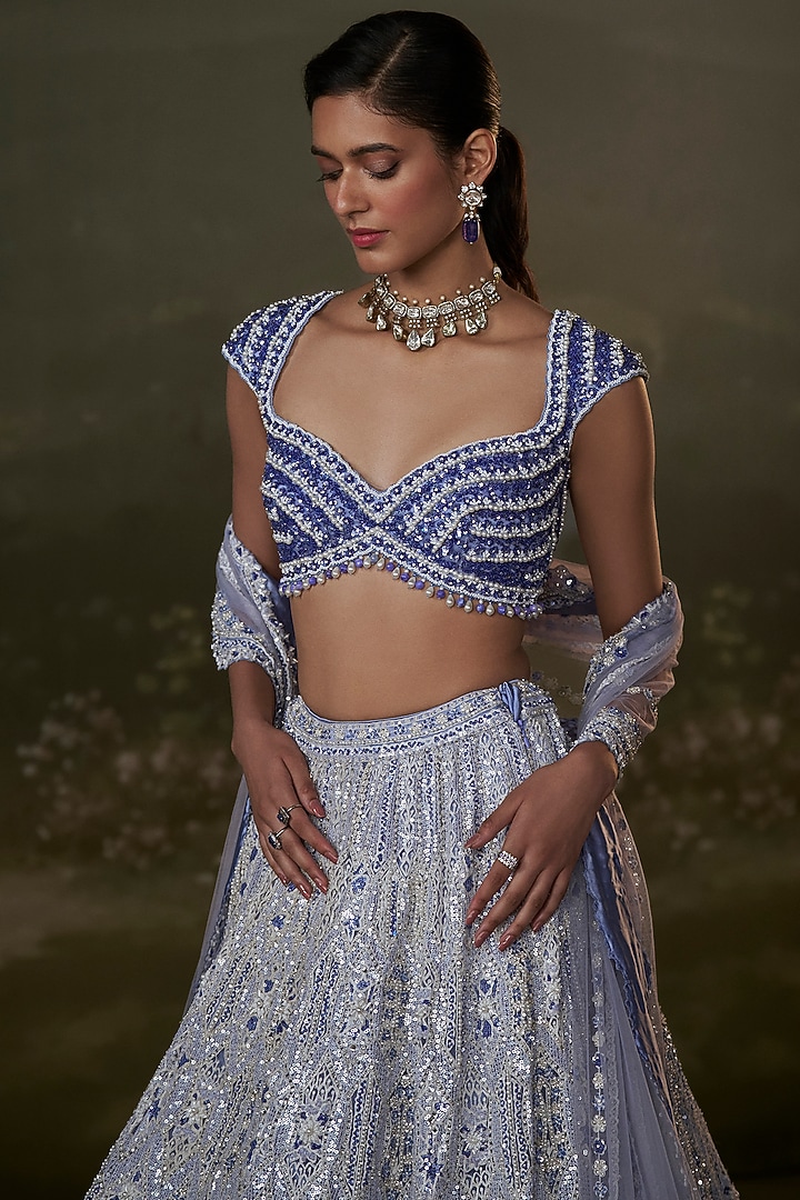 Ink Blue Net & Satin Sequins Embroidered Bridal Lehenga Set by NITIKA GUJRAL at Pernia's Pop Up Shop