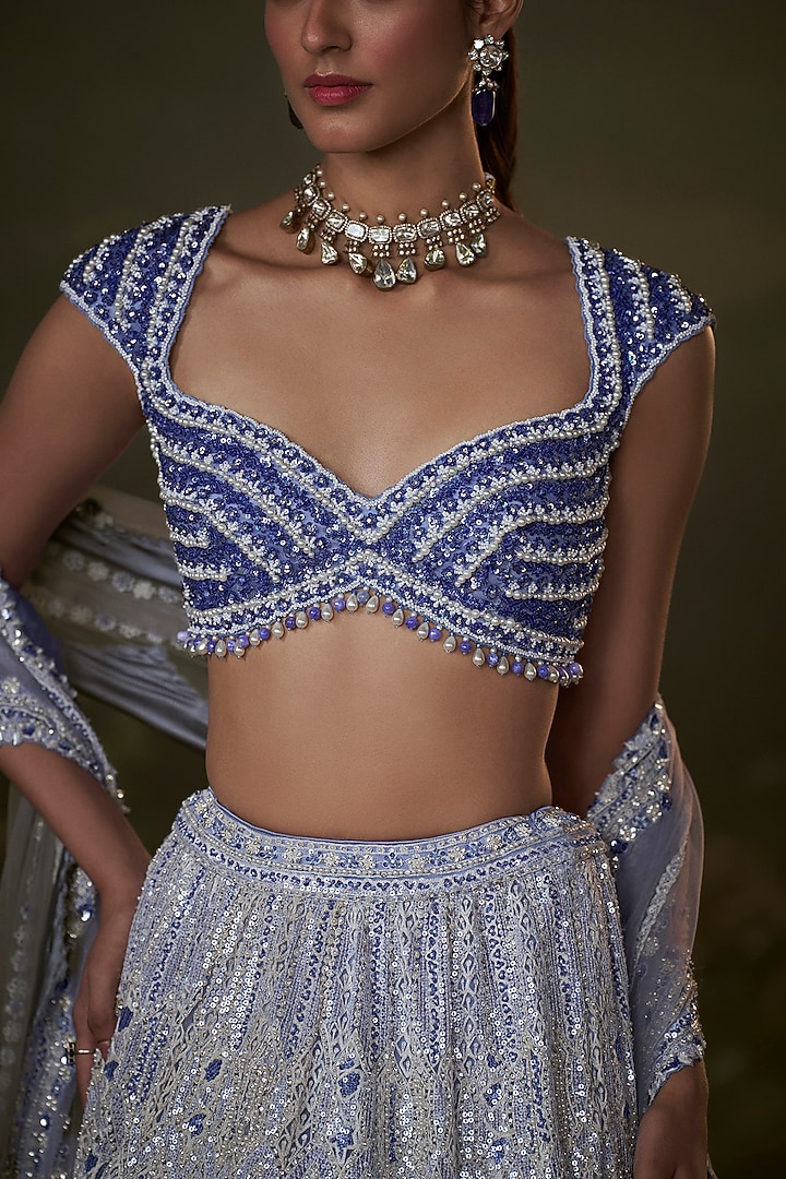 Ink Blue Net & Satin Sequins Embroidered Bridal Lehenga Set by NITIKA GUJRAL at Pernia's Pop Up Shop