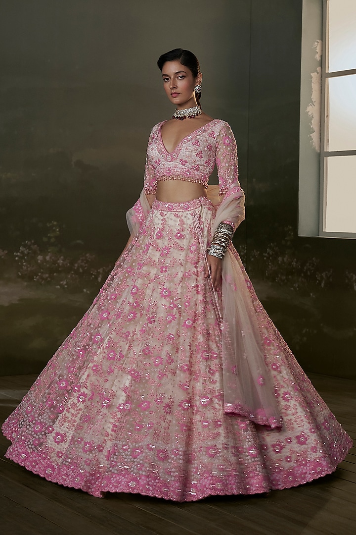 Blush Pink Net & Satin Sequins Embroidered Bridal Lehenga Set by NITIKA GUJRAL at Pernia's Pop Up Shop