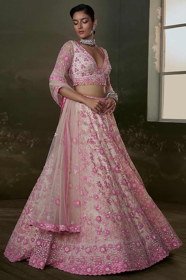 Blush Pink Net & Satin Sequins Embroidered Bridal Lehenga Set by NITIKA GUJRAL at Pernia's Pop Up Shop