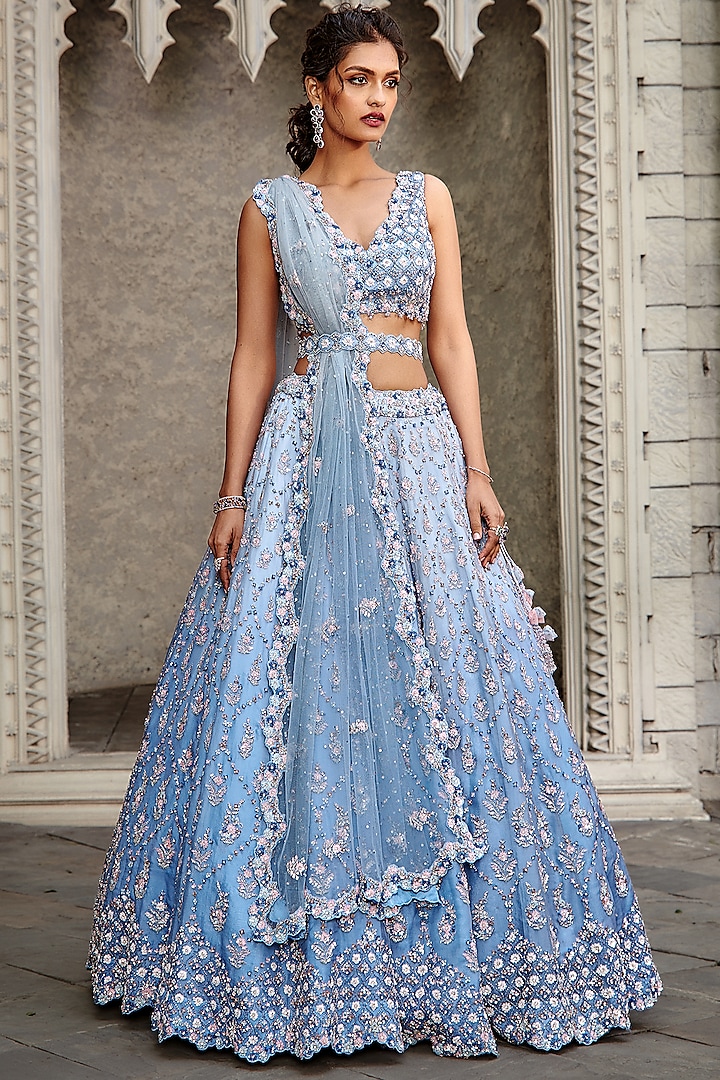 Ice Blue Organza Bead Embroidered Lehenga Set by NITIKA GUJRAL