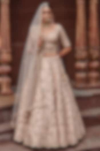 Blush Pink Raw Silk Zari Embroidered Bridal Lehenga Set by NITIKA GUJRAL at Pernia's Pop Up Shop