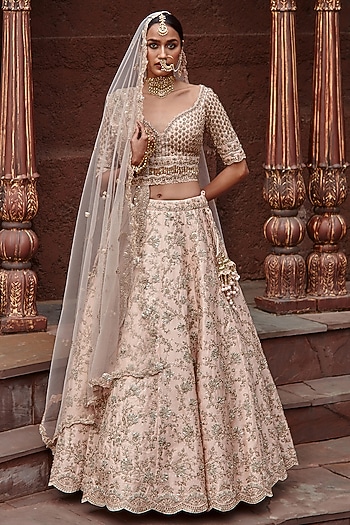 Blush Pink Raw Silk Zari Embroidered Bridal Lehenga Set by NITIKA GUJRAL at Pernia's Pop Up Shop