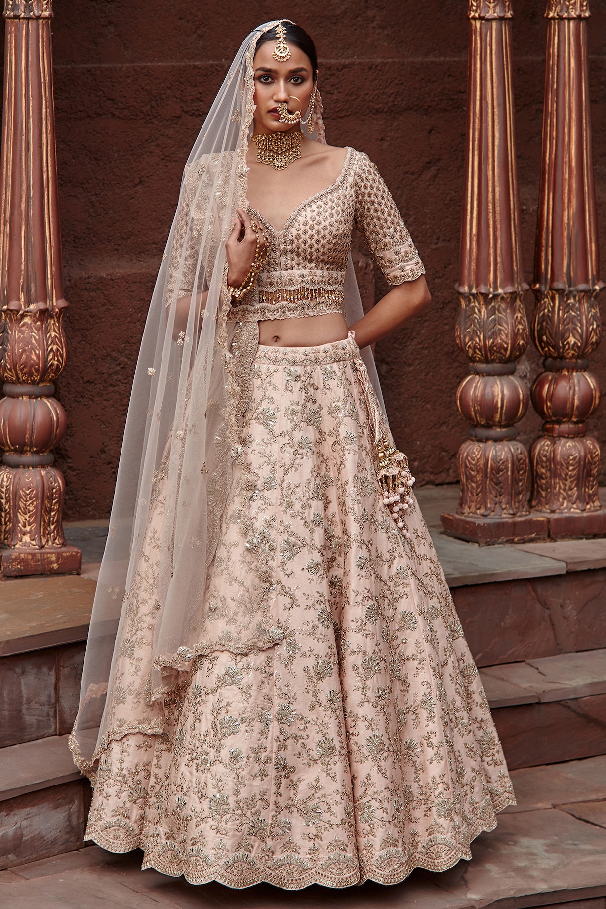 Blush Pink Raw Silk Zari Embroidered Bridal Lehenga Set by NITIKA