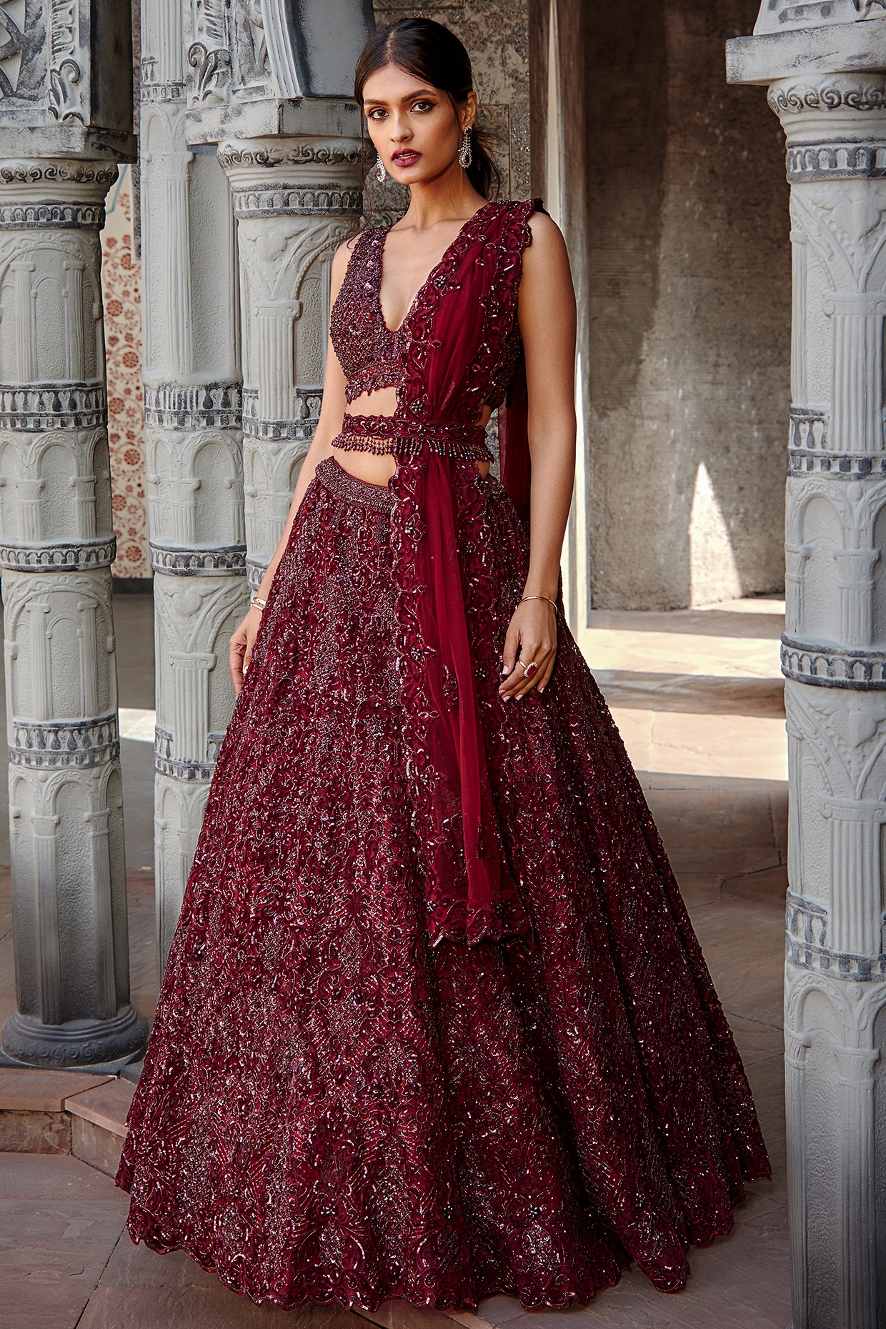 Wine Super Heavy Bridal Lehenga In Velvet Stone Work SIYA3223 –  ShreeFashionWear