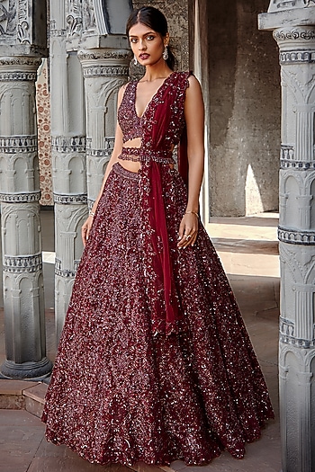 Burgundy Tulle Sequins Embroidered Bridal Lehenga Set by NITIKA GUJRAL at Pernia's Pop Up Shop