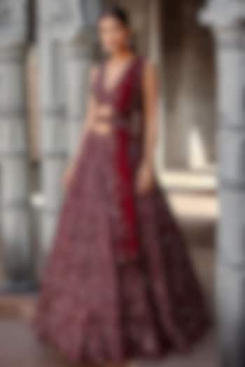 Burgundy Tulle Sequins Embroidered Lehenga Set by NITIKA GUJRAL