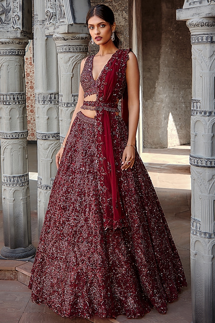Burgundy Tulle Sequins Embroidered Lehenga Set by NITIKA GUJRAL