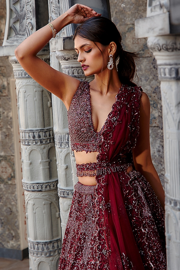Burgundy Tulle Sequins Embroidered Bridal Lehenga Set by NITIKA GUJRAL at Pernia's Pop Up Shop