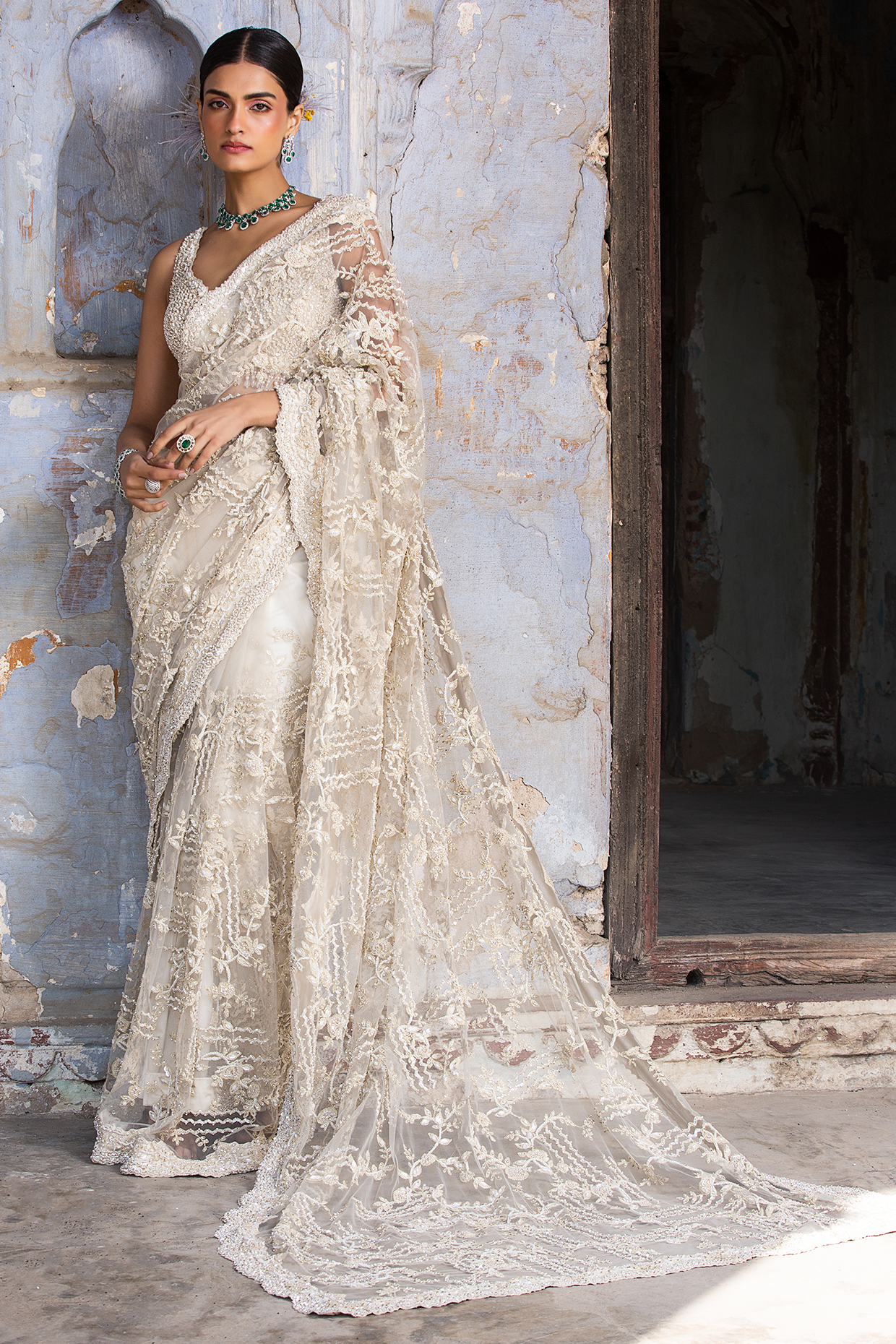 Ivory Net Saree Set by NITIKA GUJRAL