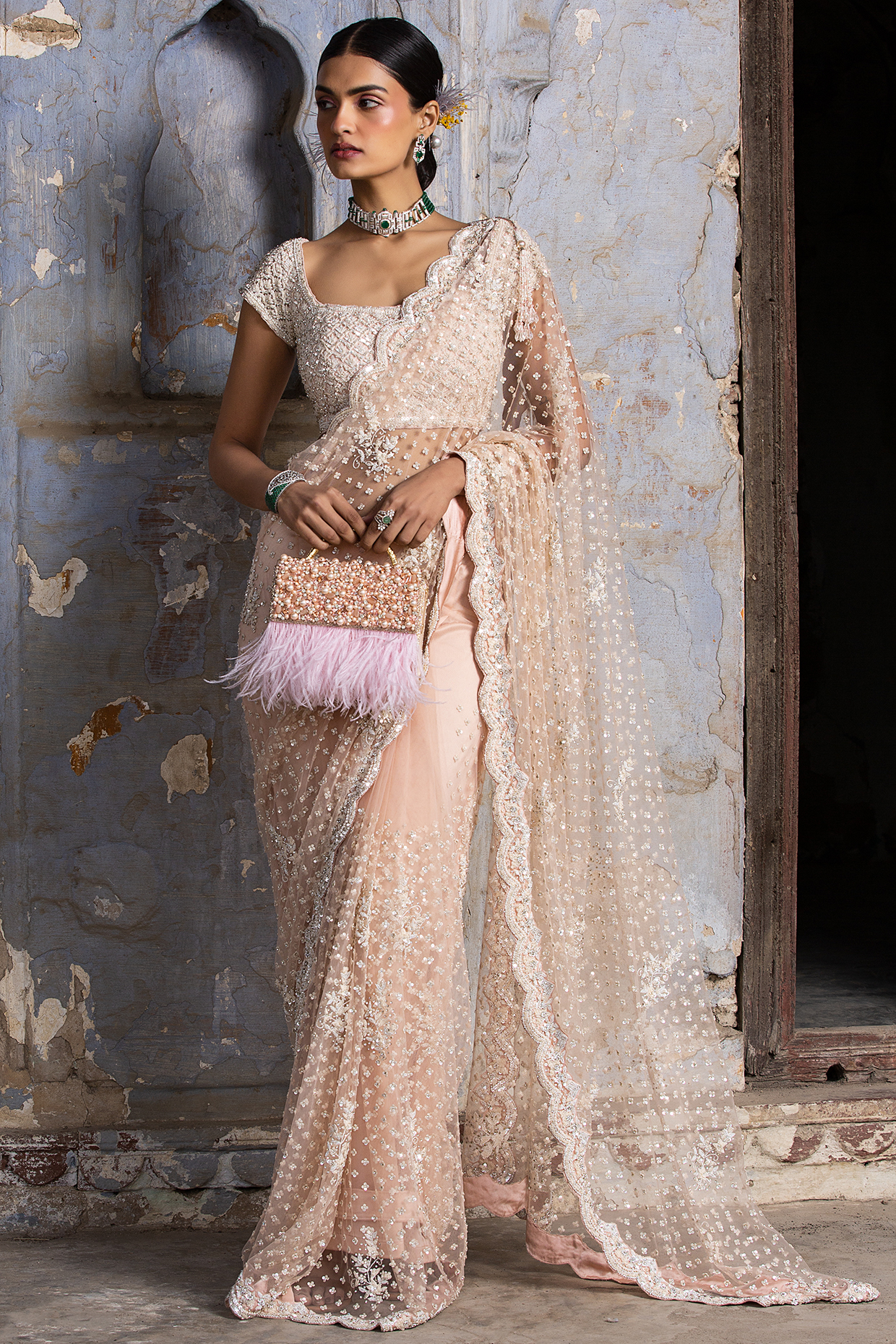 Blush Pink Net Bead Embroidered Reception Saree Set by NITIKA GUJRAL at Pernia's Pop Up Shop