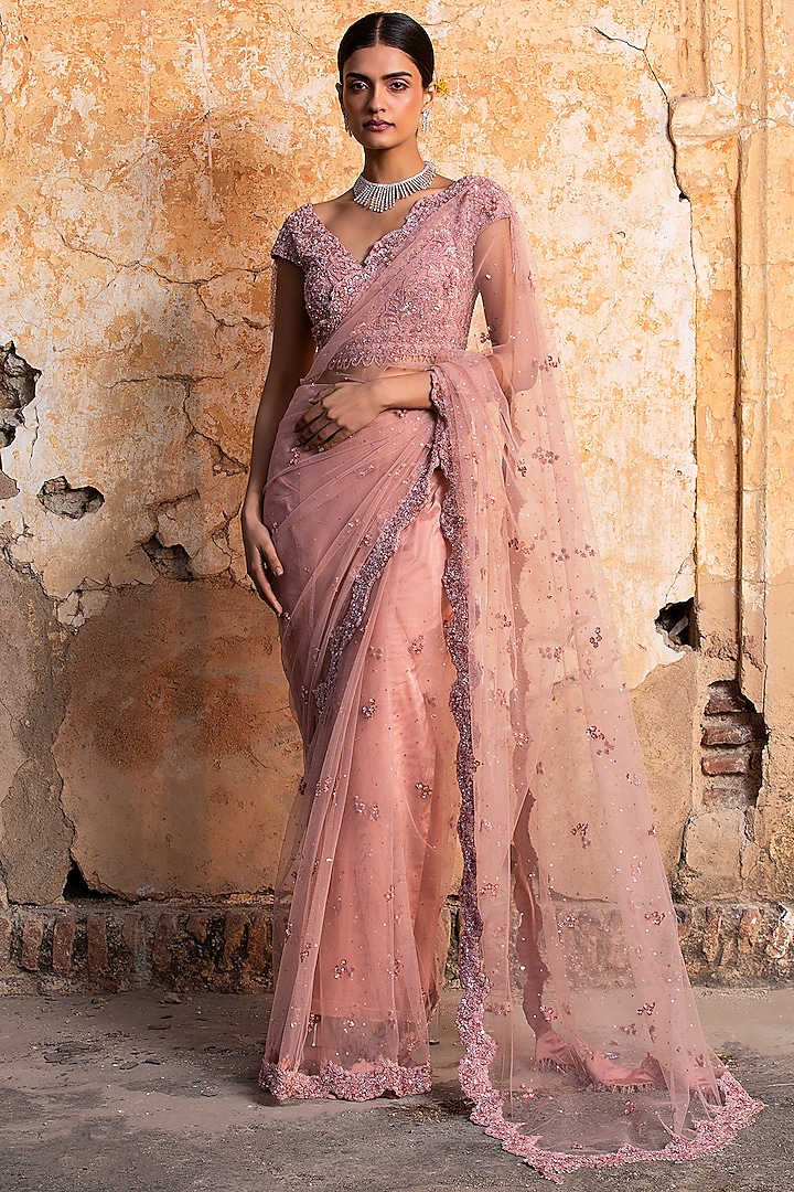 Rose Pink Net Crystal Embroidered Saree Set by NITIKA GUJRAL
