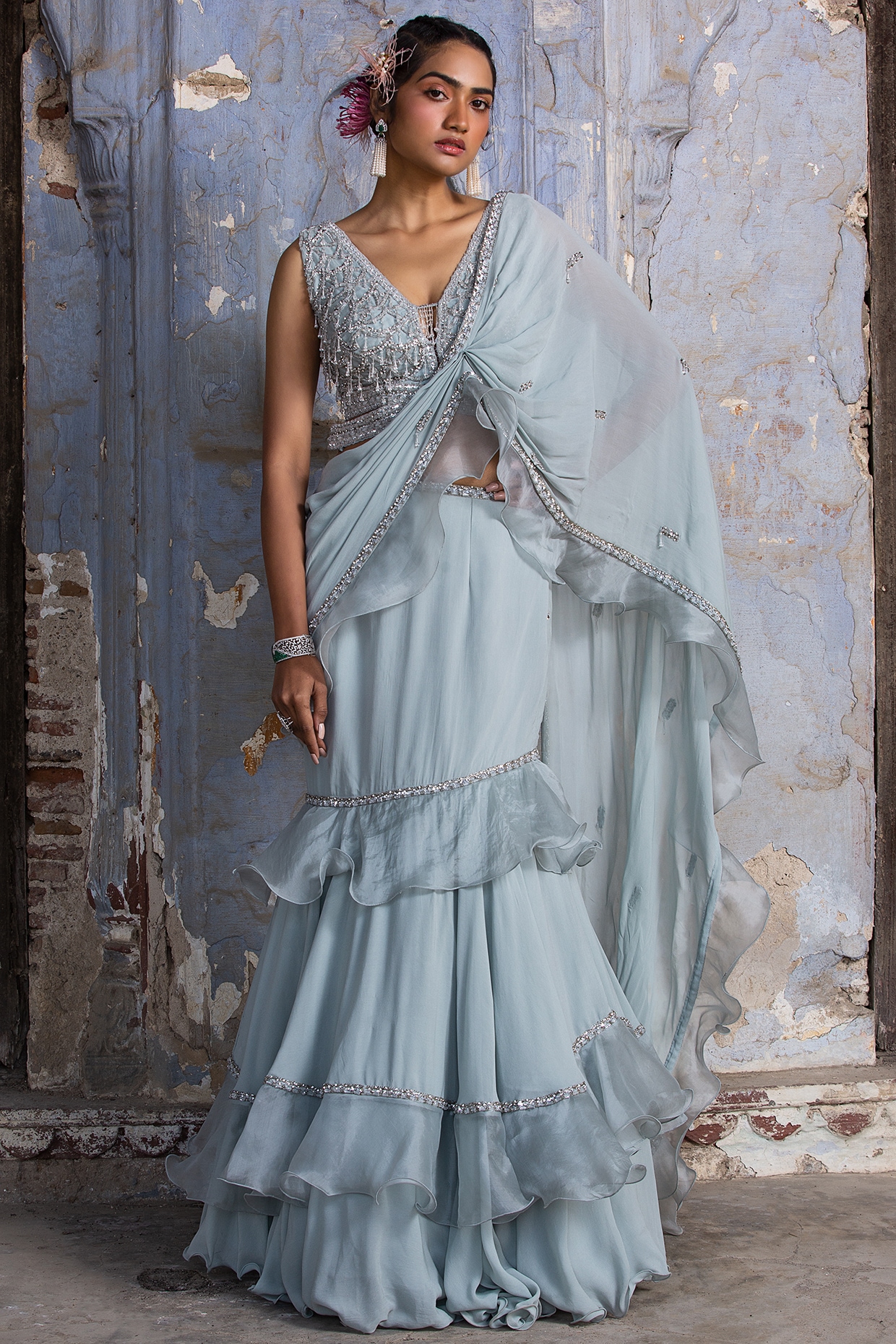 Buy Classy Faux Georgette Shimmer Saree with Blouse piece Online In India  At Discounted Prices