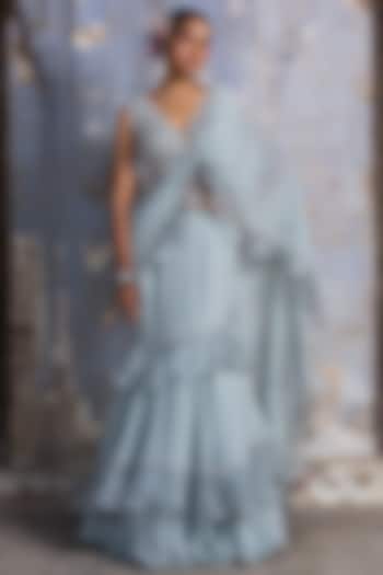 Powder Blue Shimmer Georgette Draped Saree Set by NITIKA GUJRAL