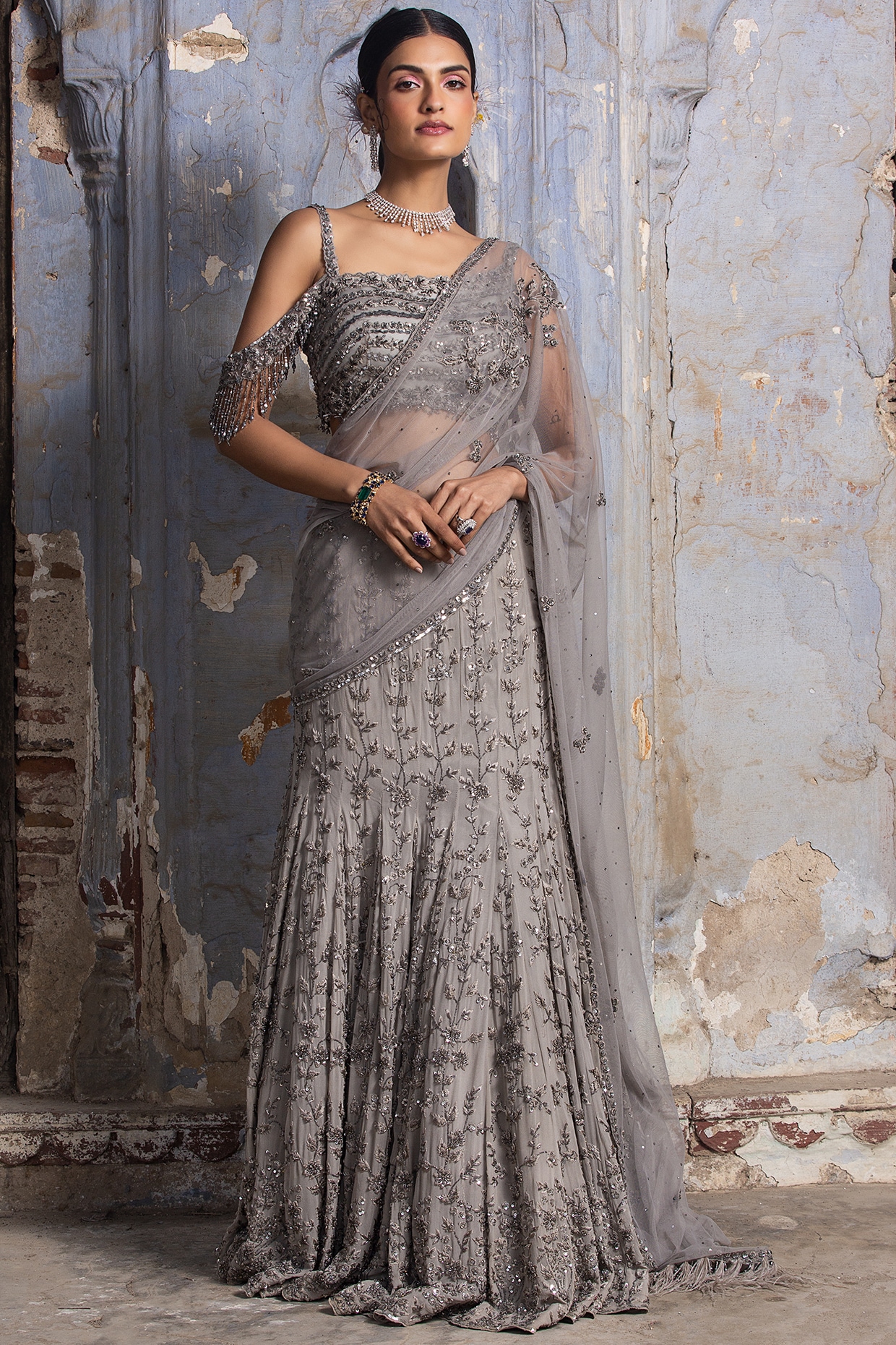 Buy NITIKA GUJRAL Grey Georgette Embroidered Draped Saree Set at Redfynd
