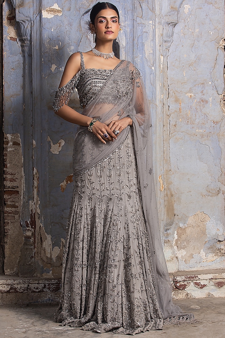 Grey Georgette Embroidered Draped Saree Set by NITIKA GUJRAL
