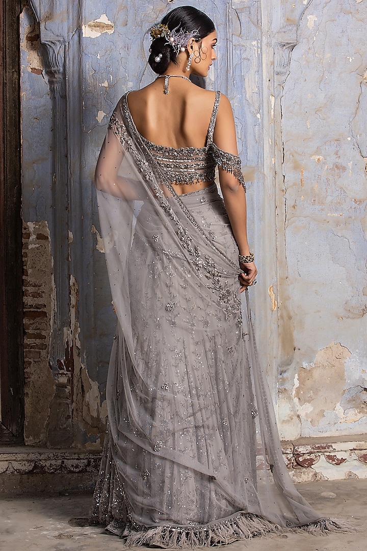 Grey Georgette Embroidered Draped Bridal Saree Set by NITIKA GUJRAL at Pernia's Pop Up Shop