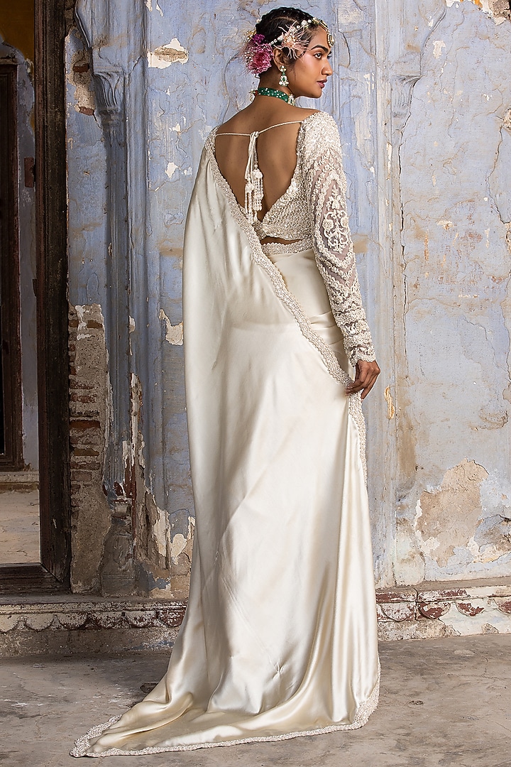Cream Satin Reception Saree Set by NITIKA GUJRAL at Pernia's Pop Up Shop