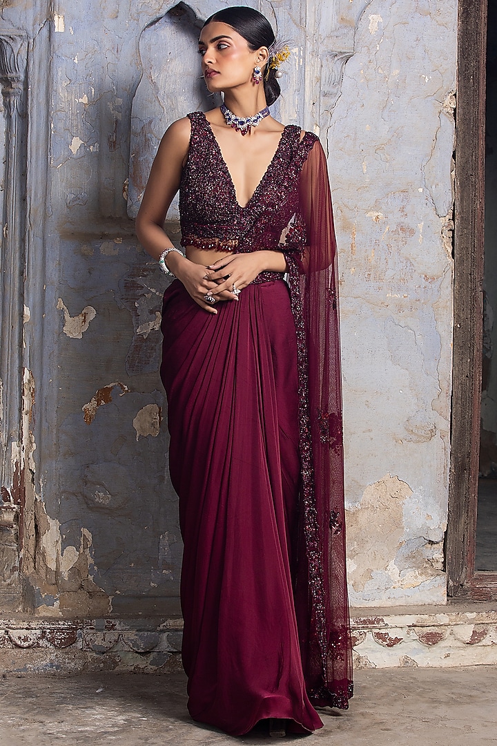 Burgundy Satin & Net Sequins Embroidered Draped Saree Set by NITIKA GUJRAL