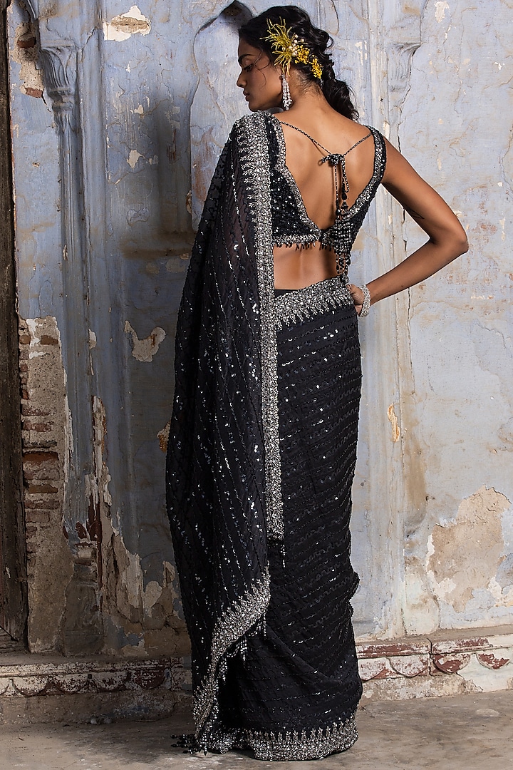 Black Organza Sequins & Crystal Embroidered Reception Saree Set by NITIKA GUJRAL at Pernia's Pop Up Shop