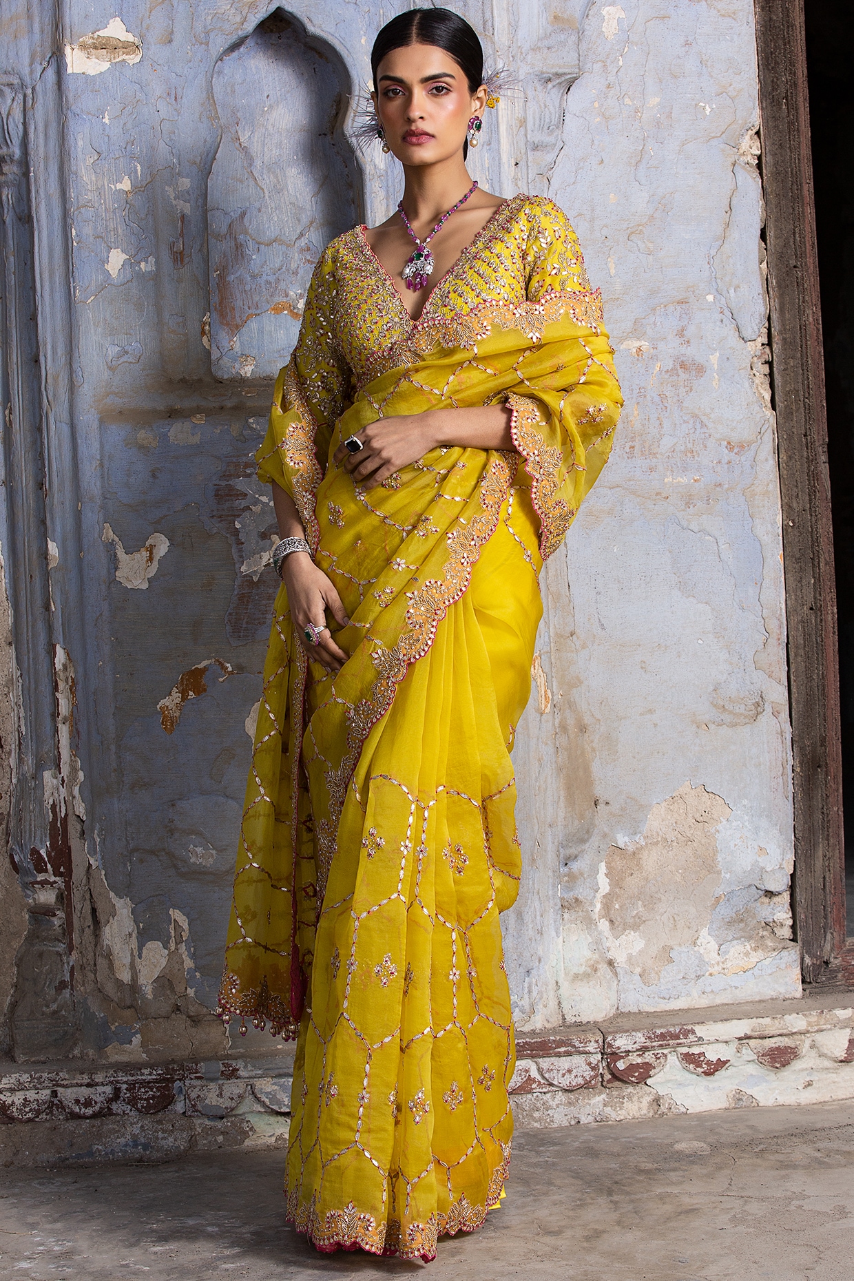 Fuel Yellow Woven Banarasi Organza Silk Saree – MySilkLove