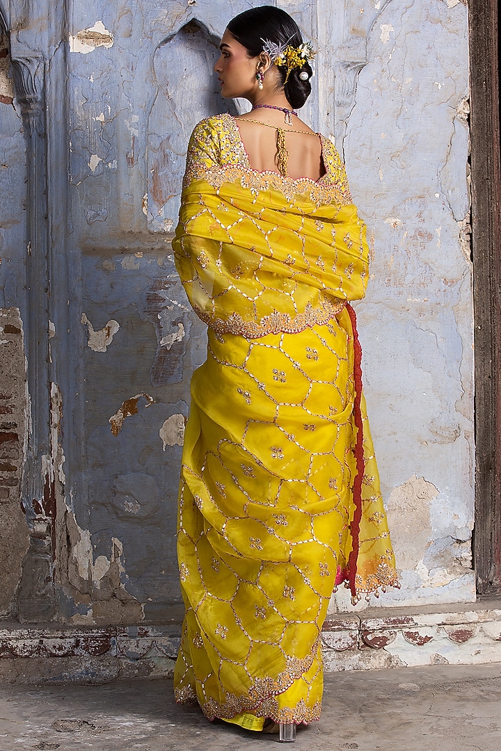 Yellow Organza Gota Embellished Reception Saree Set by NITIKA GUJRAL at Pernia's Pop Up Shop