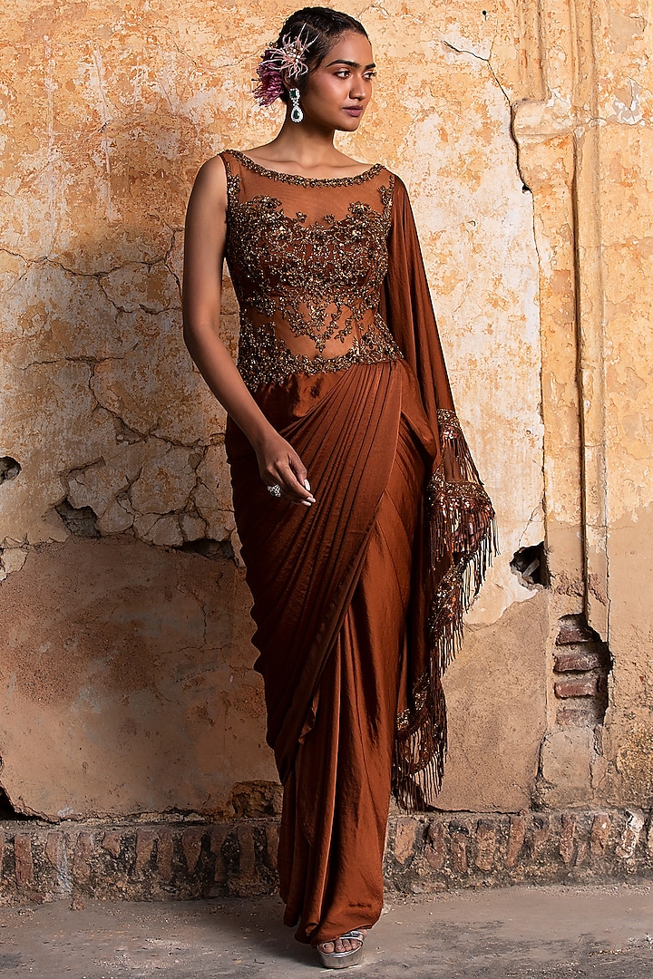 Dark Copper Satin & Net Sequins Embroidered Draped Saree Set by NITIKA GUJRAL