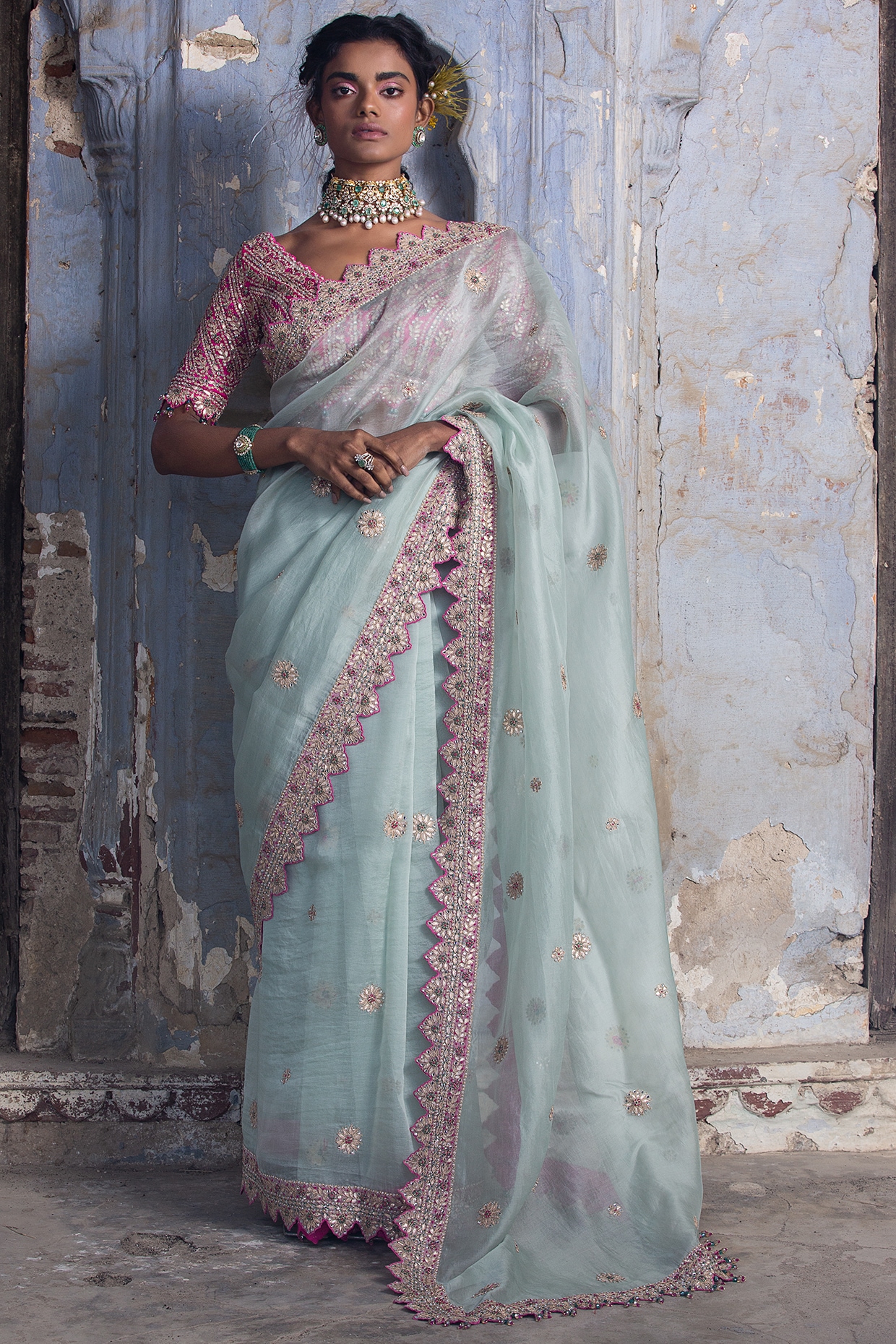 Light Green Organza Cut Work Saree