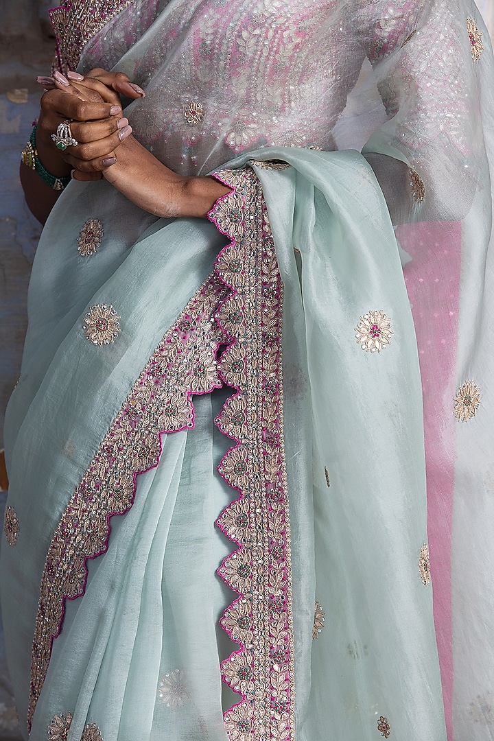 Sea Green Organza Reception Saree Set by NITIKA GUJRAL at Pernia's Pop Up Shop