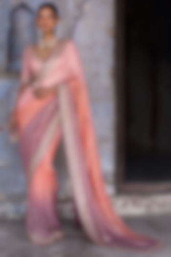 Peach & Mauve Striped Georgette Reception Saree Set by NITIKA GUJRAL at Pernia's Pop Up Shop