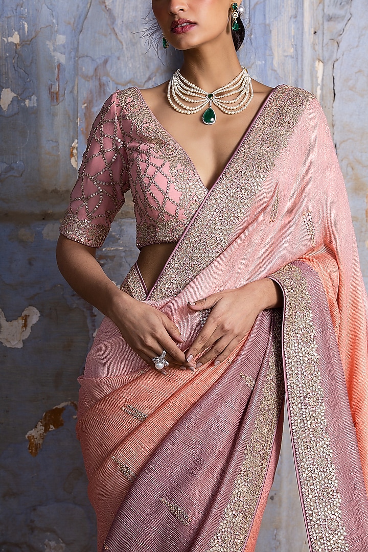 Peach & Mauve Striped Georgette Reception Saree Set by NITIKA GUJRAL at Pernia's Pop Up Shop