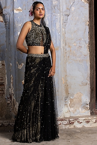 Black Striped Georgette & Net Draped Saree Set by NITIKA GUJRAL