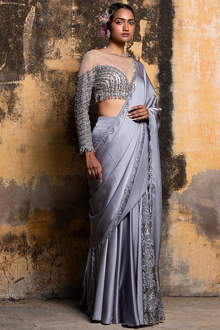 Steel Grey Armani Satin & Lace Draped Saree Set by NITIKA GUJRAL at Pernia's Pop Up Shop