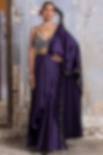 Purple Satin Draped Saree Set by NITIKA GUJRAL