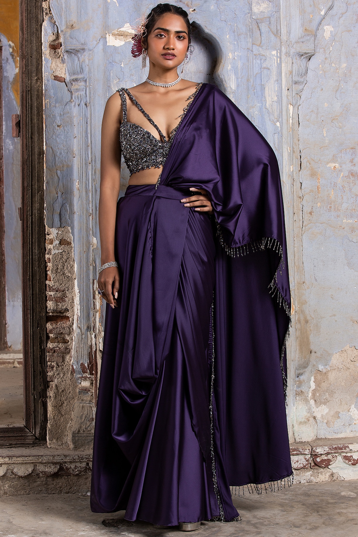 Purple Satin Draped Saree Set Design by NITIKA GUJRAL at Pernia's
