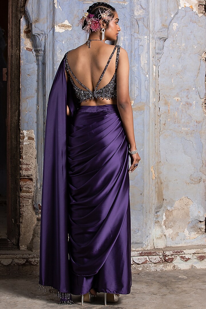Purple Satin Draped Wedding Saree Set by NITIKA GUJRAL at Pernia's Pop Up Shop