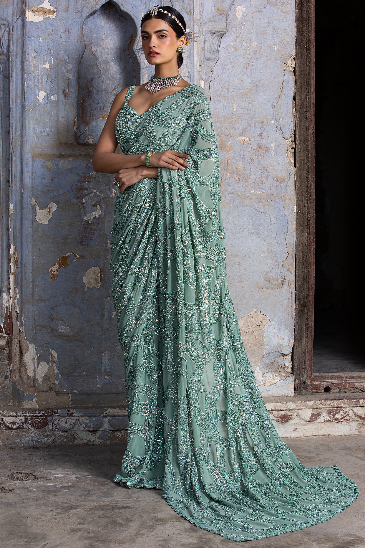 Dark Green Sequinned Saree in Georgette with Stone Work Border -...