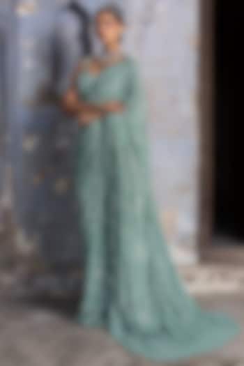 Jade Green Georgette Reception Saree Set by NITIKA GUJRAL at Pernia's Pop Up Shop