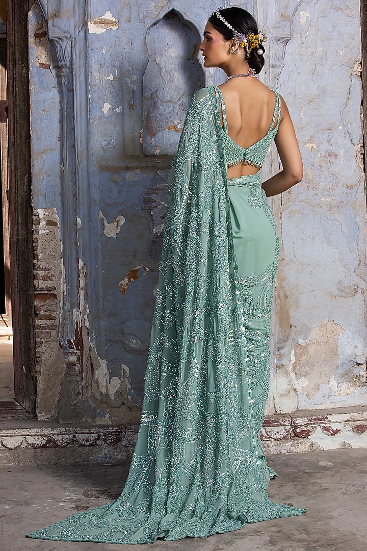 Jade Green Georgette Reception Saree Set by NITIKA GUJRAL at Pernia's Pop Up Shop
