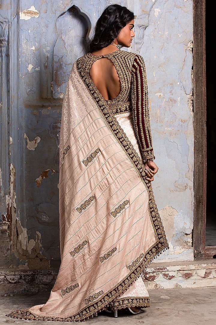 Blush Pink Tussar Dabka Embroidered Woven Reception Saree Set by NITIKA GUJRAL at Pernia's Pop Up Shop