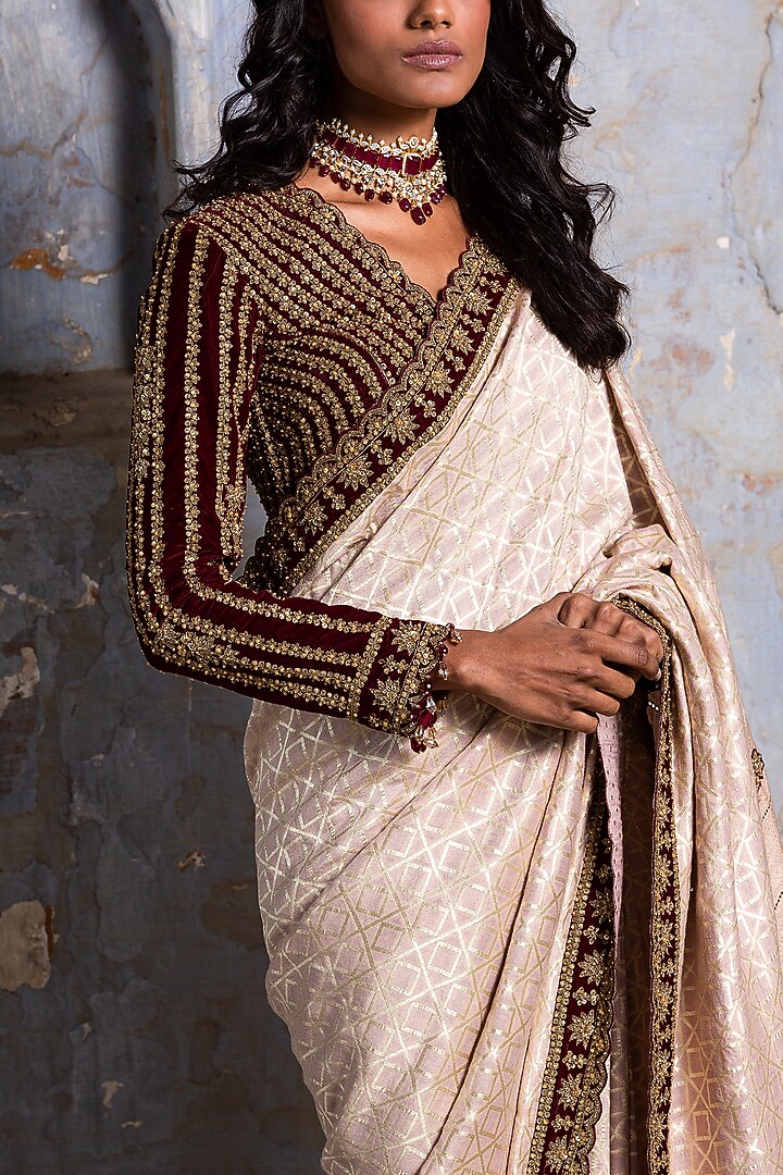 Blush Pink Tussar Dabka Embroidered Woven Reception Saree Set by NITIKA GUJRAL at Pernia's Pop Up Shop