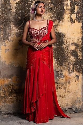 Red Georgette & Chiffon Draped Saree Set by NITIKA GUJRAL