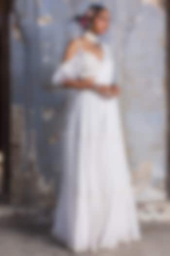 Ivory Georgette Embroidered Draped Wedding Saree Set by NITIKA GUJRAL at Pernia's Pop Up Shop
