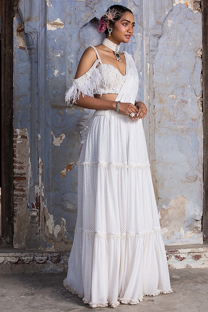Ivory Georgette Embroidered Draped Wedding Saree Set by NITIKA GUJRAL at Pernia's Pop Up Shop