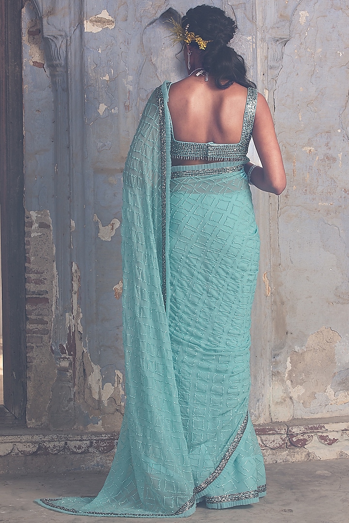Aqua Blue Chiffon Reception Saree Set by NITIKA GUJRAL at Pernia's Pop Up Shop