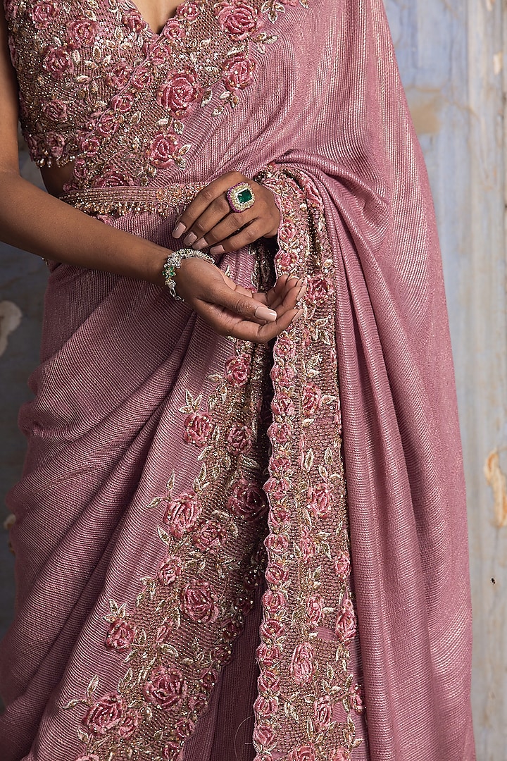 Rose Pink Lurex Georgette Sequins Embroidered Reception Saree Set by NITIKA GUJRAL at Pernia's Pop Up Shop