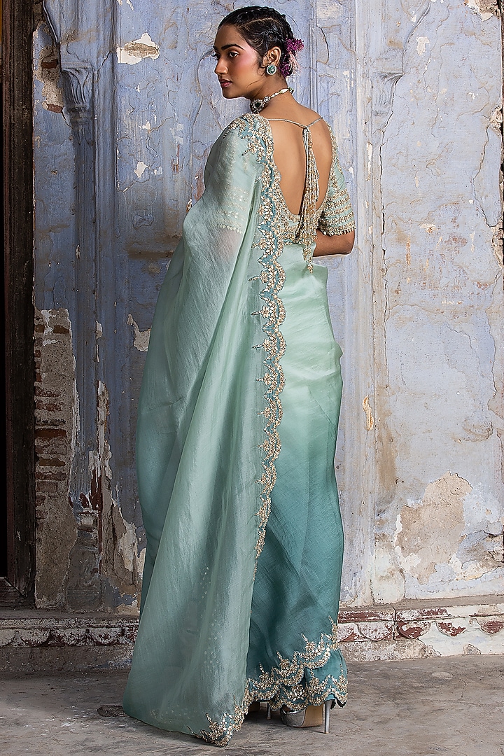 Jade Green Organza Ombre Reception Saree Set by NITIKA GUJRAL at Pernia's Pop Up Shop